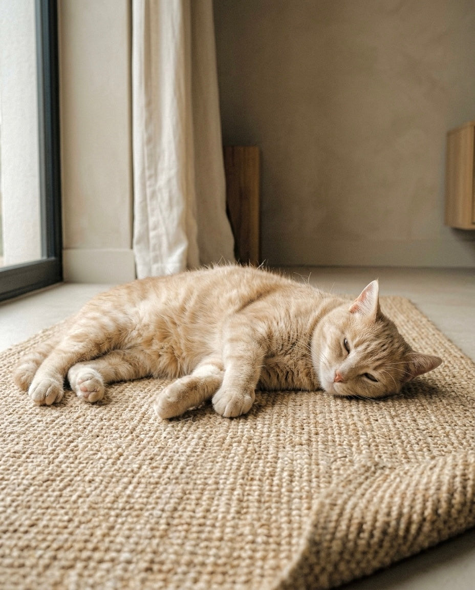 Gato color crema relajado sobre una alfombra